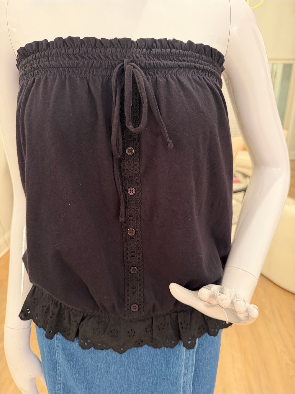 Black Strapless Eyelet-Trim Top